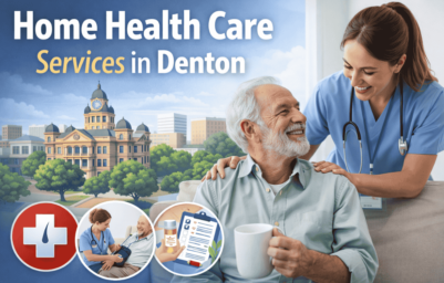 Home health care services in Denton with nurse assisting elderly patient at home