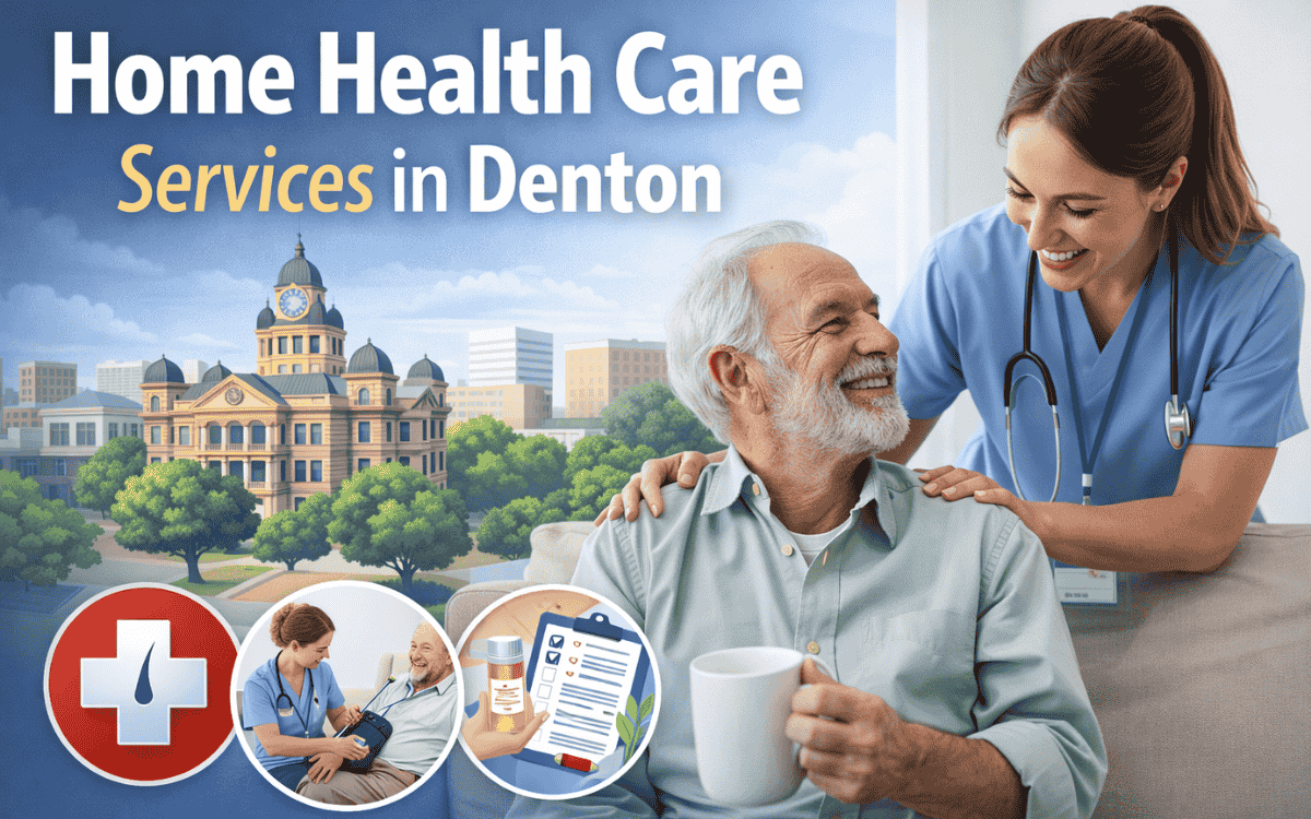 Home health care services in Denton with nurse assisting elderly patient at home