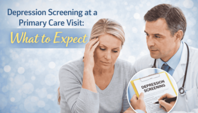 Doctor conducting depression screening with a patient during a primary care visit using a mental health assessment questionnaire.