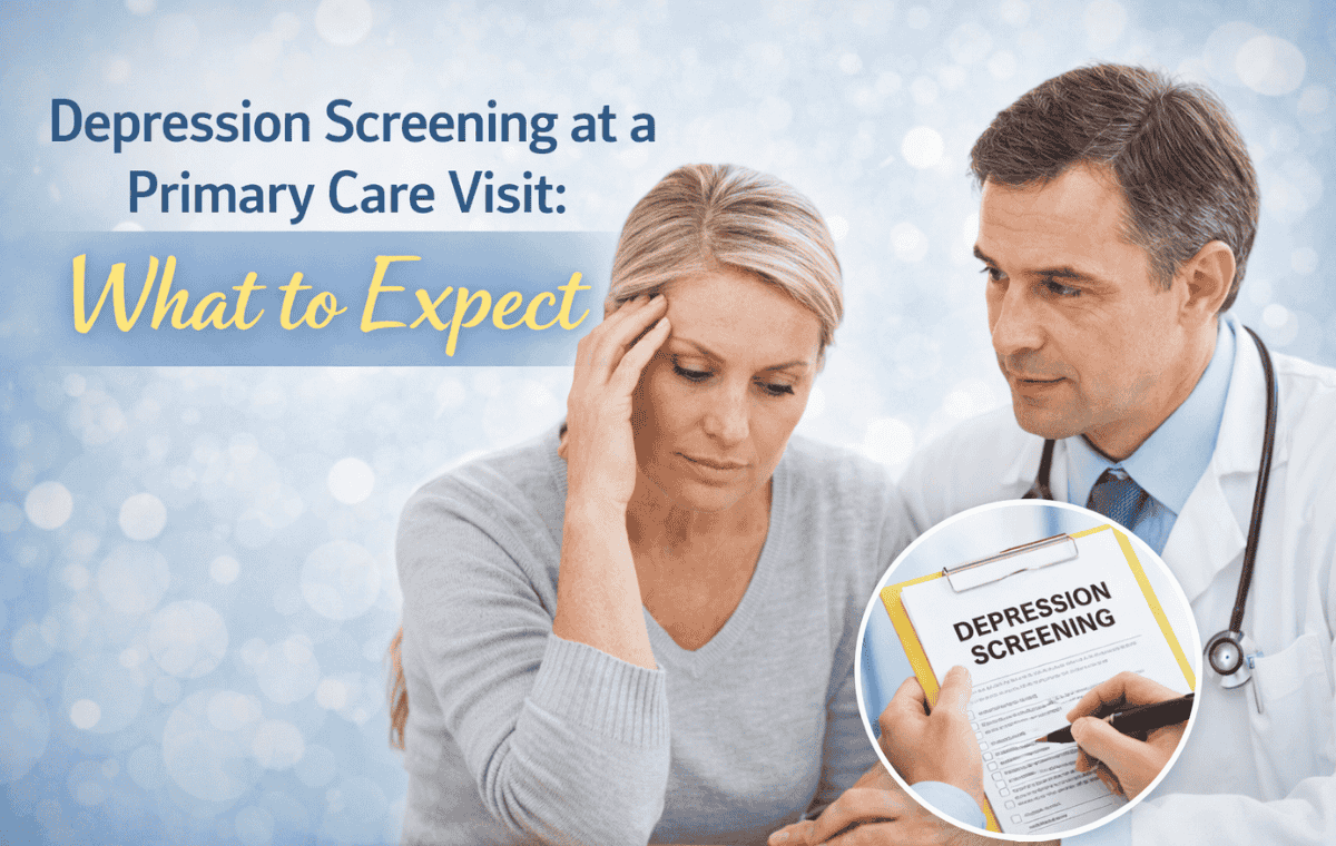 Doctor conducting depression screening with a patient during a primary care visit using a mental health assessment questionnaire.