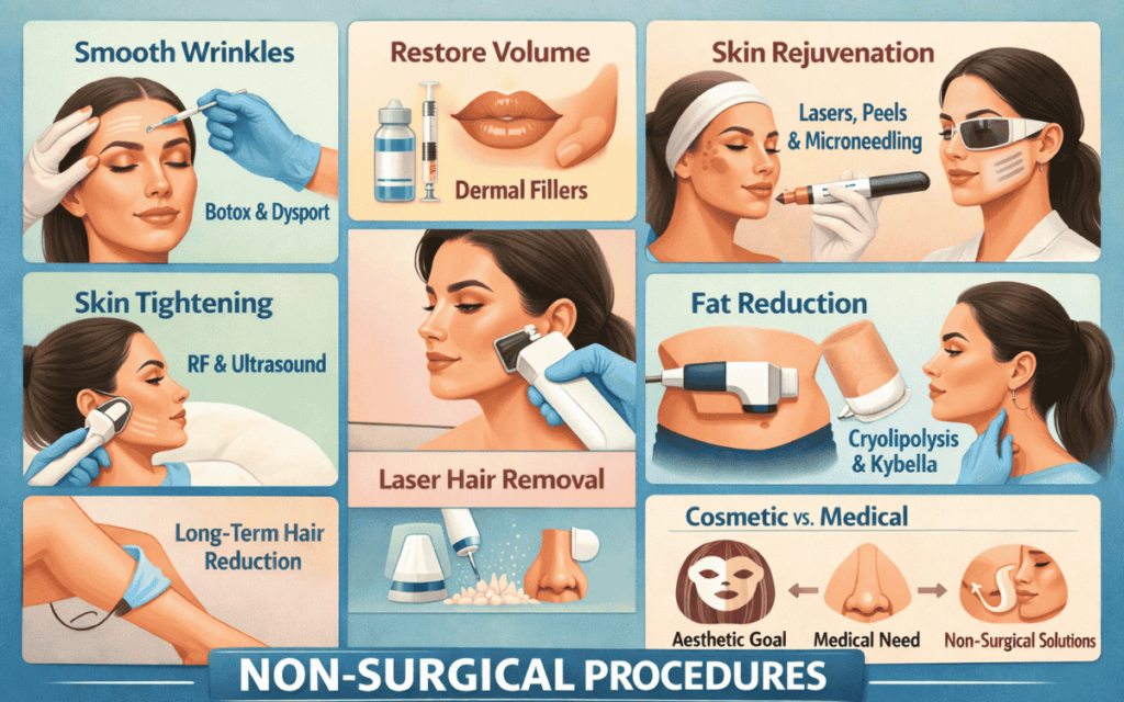 Infographic showing common non-surgical cosmetic procedures including Botox injections, dermal fillers, skin rejuvenation treatments, skin tightening, fat reduction, and laser hair removal.