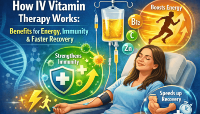 Woman receiving vitamin IV therapy with B12, vitamin C, and zinc infusion — illustrating benefits for energy, immunity, and faster recovery.