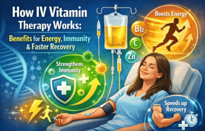 Woman receiving vitamin IV therapy with B12, vitamin C, and zinc infusion — illustrating benefits for energy, immunity, and faster recovery.