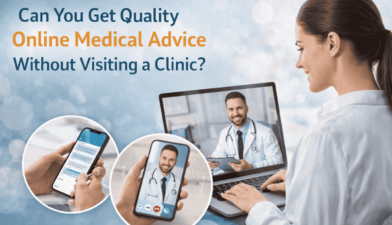 Quality Online Medical Advice Without Visiting a Clinic concept showing a patient consulting a doctor via video call on laptop and smartphone, highlighting telemedicine and virtual healthcare services.