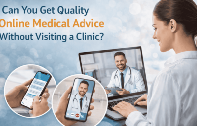 Quality Online Medical Advice Without Visiting a Clinic concept showing a patient consulting a doctor via video call on laptop and smartphone, highlighting telemedicine and virtual healthcare services.