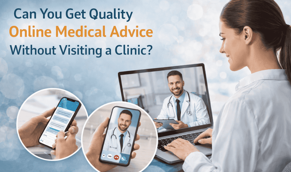 Quality Online Medical Advice Without Visiting a Clinic concept showing a patient consulting a doctor via video call on laptop and smartphone, highlighting telemedicine and virtual healthcare services.