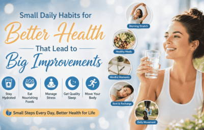 Small daily habits for better health infographic with hydration, nutrition, sleep, mindfulness, and exercise tips for big improvements