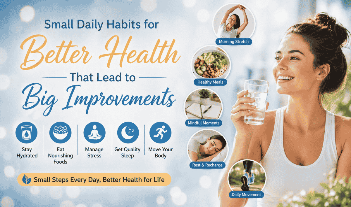 Small daily habits for better health infographic with hydration, nutrition, sleep, mindfulness, and exercise tips for big improvements
