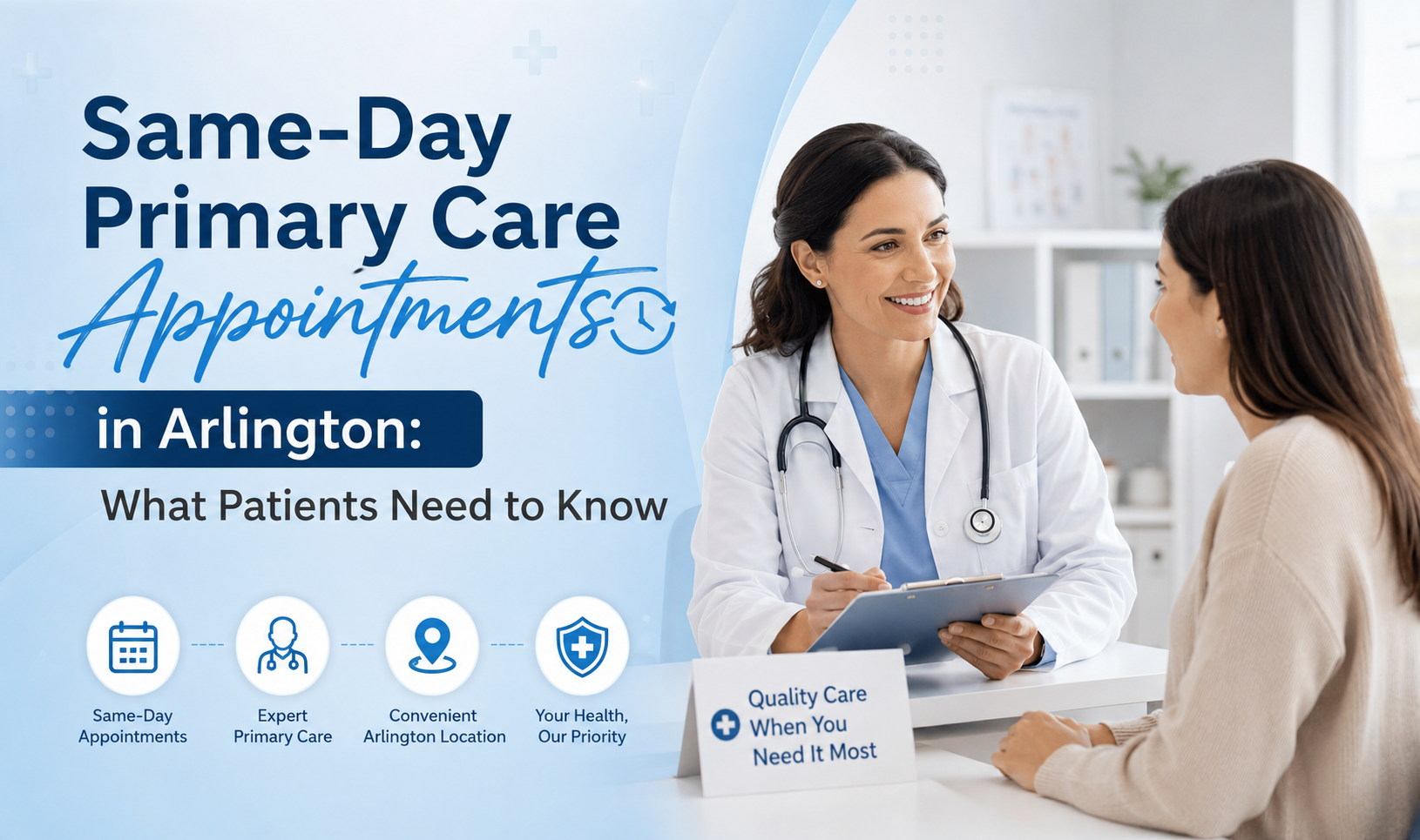Same-day primary care appointment in Arlington with friendly doctor consultation and patient care in a modern medical clinic setting