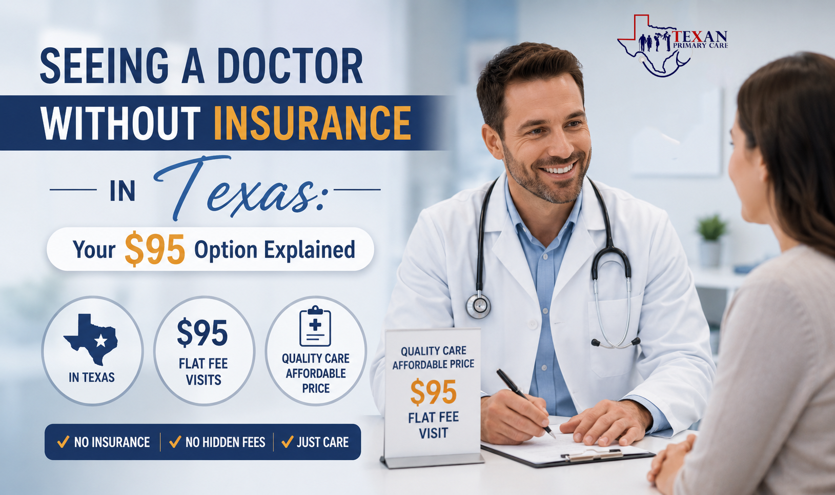 Seeing a doctor without insurance in Texas with affordable $95 flat-fee primary care consultation.